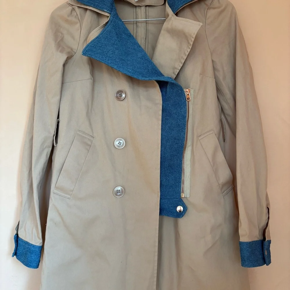 Venus Trench Coat Denim Trim Cotton Sz 4 - Picture 2 of 15